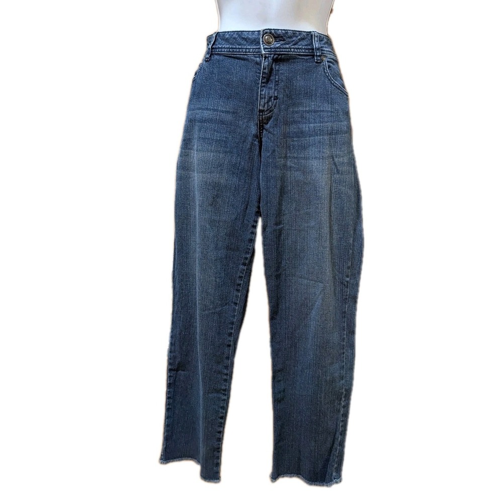 ELLE Jeans Womens 12 Blue Medium Wash Mid Rise Relaxed Stretch 5-Pocket Raw Edge